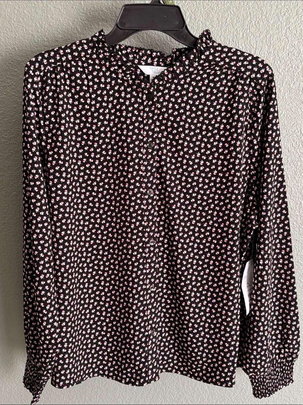 Time and Tru Black Button-Front Blouse with Pink Floral Print